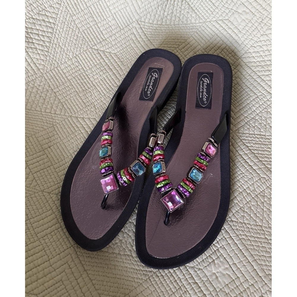 GRANDCO Sandals Rainbow Wedge Thong Flip FlopsBeach Pool Black BLING GEMSTONES
